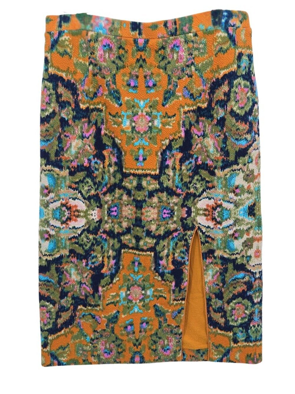 Anthropologie Maeve Pencil Midi Skirt Sz L Front Slit Floral Tapestry Motif Boho